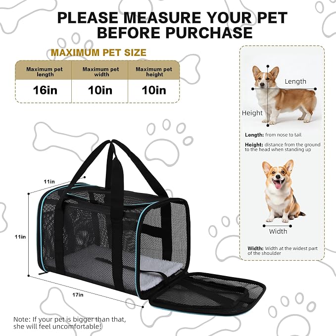 Cat Dog Pet Carriers Soft-Sided Cats Bag Animal Carriers Puppy Carrying Bag TSA Airline Approved Dog Carrier Soft Sided, Collapsible Travel Carriers for Big Cats/Small Dogs Up to 16lbs 17 * 11 * 11