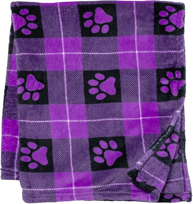 Pet Dog Cat Blanket Ultra Soft Cozy Fleece Paw Print Design Machine Washable Durable for Crates Beds Sofas Travel (Paw Buffalo Check - Purple, Medium)
