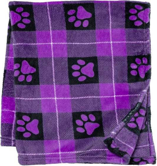 Pet Dog Cat Blanket Ultra Soft Cozy Fleece Paw Print Design Machine Washable Durable for Crates Beds Sofas Travel (Paw Buffalo Check - Purple, Medium)