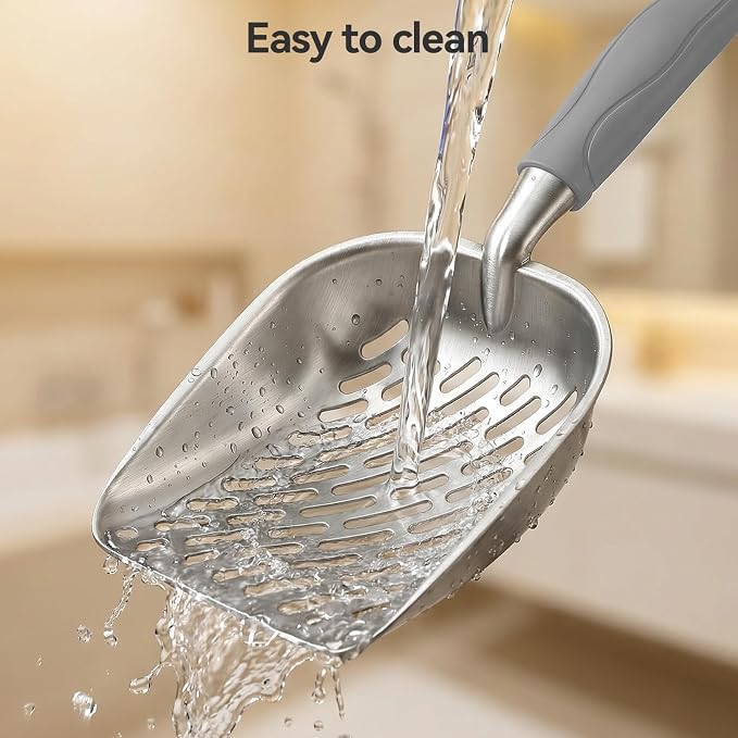 Cat Litter Scoop, Large Long Handle Kitty Metal Scooper | Heavy Duty Aluminum Deep Sifter, Ergonomic Non-Slip Grip, Rustproof Durable Poop Cleaner for Cat Litter Box