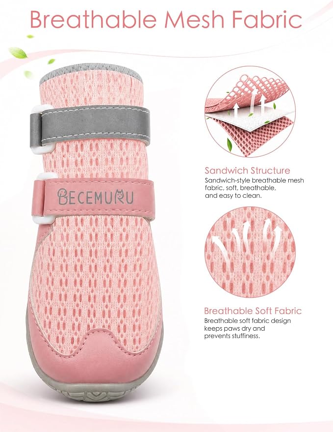BECEMURU Dog Shoes for Summer, Double-Straps Anti-Slip Dog Boots & Paw Protectors for Hot Pavement, Breathable & Light Weight Outdoor Walking Hiking Pink Size 2
