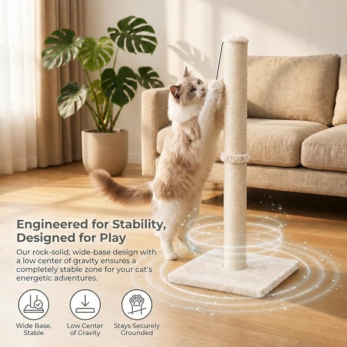 Dimaka 34" Height Tall Cat Scratching Post, Claw Scratcher with Sisal Rope and Covered with Soft Smooth Plush, Vertical Scratch [Full Strectch] Cats (Beige, 34 inches for Large Cats)