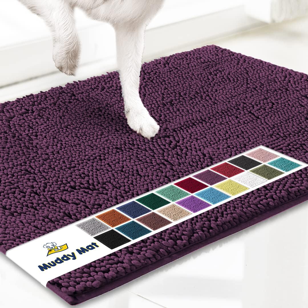 Muddy Mat® AS-SEEN-ON-TV Highly Absorbent Microfiber Door Mat and Pet Rug, Non Slip Thick Washable Area and Bath Mat Soft Chenille for Kitchen Bedroom Indoor and Outdoor - Dark Purple 36" x 120"