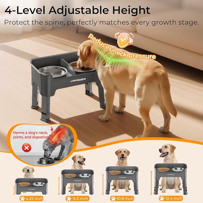URPOWER Mess Proof Elevated Dog Bowls, Splash Guard Raised Bowl Stand | 4 Adjustable Heights, 2 Stainless Steel Bowls, Food & Water Separation, Foldable Design Non-Slip for Small Medium Large Dogs