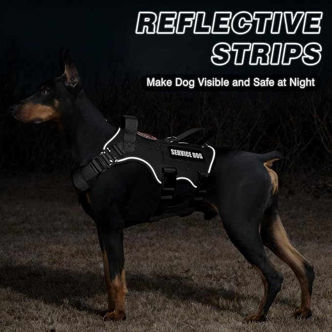 Tactical Dog Harness and Leash Set with Metal Buckles+10 Patches | Heavy Duty Service Dog Vest ,Adjustable Harness for Large Sized Dogs,No Pull Front Back Clips,for Training Hiking,Black L