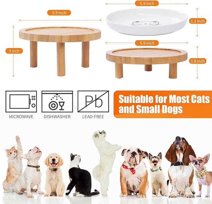 Lusifaco Shallow Elevated Cat Bowls,5.9 Inch Wide Raised Ceramic Cat Dishes with Bamboo Stand, Whisker Friendly Pet Water or Food Plates Feeding Station for Indoor Cats, Kitten(Blue,Set of 1)