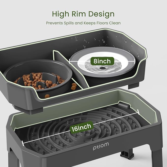 4-in-1 Elevated Slow Feeder Dog Bowls, 4 Height Adjustable Mess Proof Raised Dog Bowl Stand with No Spill Dog Water Bowl, Stainless Steel Dog Food Bowl & Slow Feeder for Large Medium Small Dogs Pets