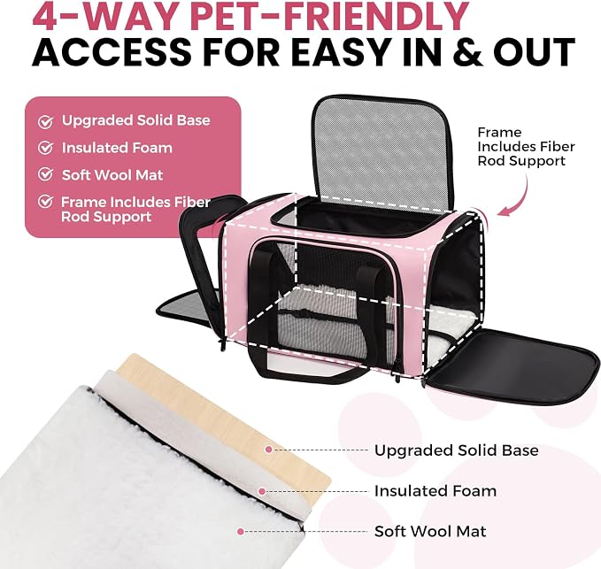 Soft-Sided Cat Carrier Expandable Pet Carrier Airline Approved Mesh Travel Carrier Up to 22lbs for Cats Small Dogs Collapsible Escape-Proof with Shoulder Strap Washer (20x13x13 Pink)