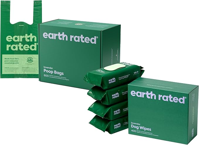 Earth Rated Dog Walking Essentials Bundle - Includes 600 Dog Waste Bags with Handles and 400 Dog Grooming Wipes, Lavender-Scented