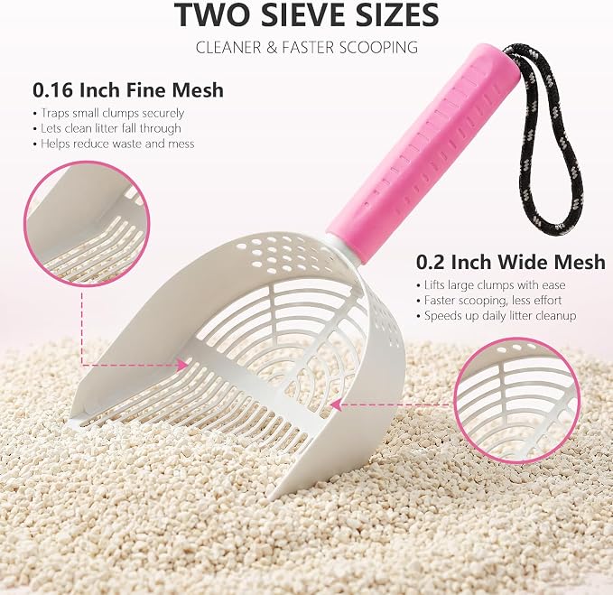 Cat Litter Scoop with Holder, 3 in 1 Metal Kitty Scooper | Heavy Duty Deep Litter Sifter with Dustpan & Mini Broom, Dual Coarse & Fine Grid, Quick Sift, Universal for All Cat Litter