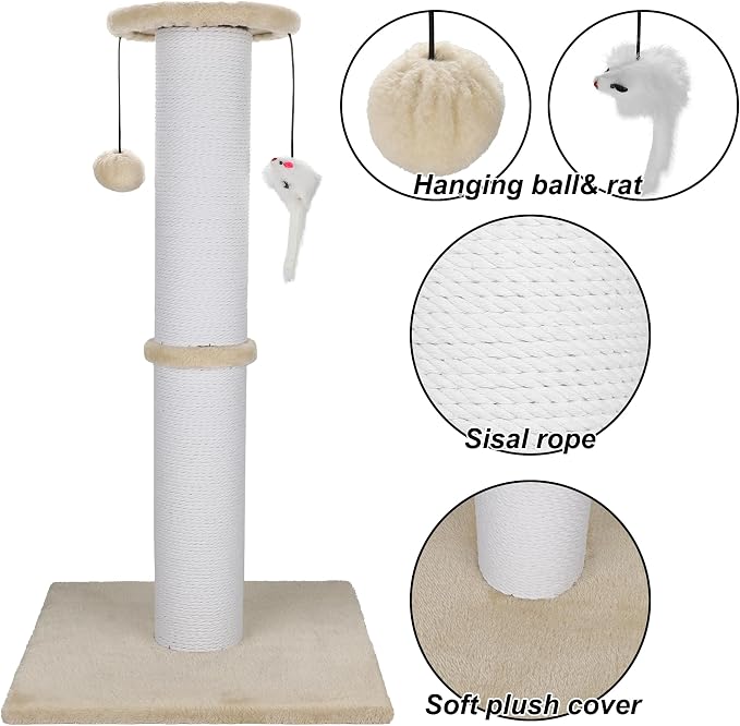 Cat Scratching Post 34 Inches Heavy Duty and Thicker Cat Scratching Post Cotton Rope with Hanging Ball and Mice Scratching Post for Indoor Cats and Adult(Beige)