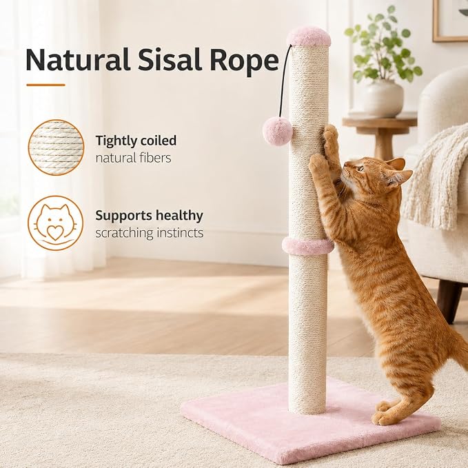 Dimaka Tall Cat Scratching Post, Claw Scratcher with Sisal Rope and Covered with Soft Smooth Plush, Vertical Scratch [Full Strectch] for Standard Size Cats (Pink, 34 inches for Large Cats)