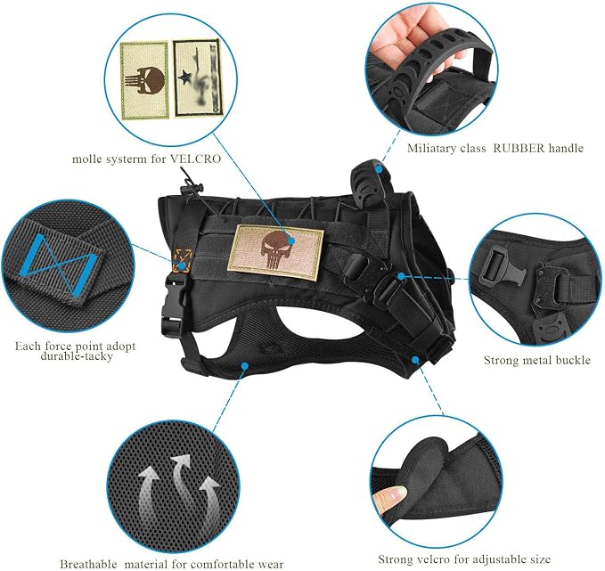 Tactical Service Dog Vest Harness K9 Military Molle Dog Vest for Outdoor Training Waterproof Pet Dog Harness with Rubber Handle & Metal Buckle