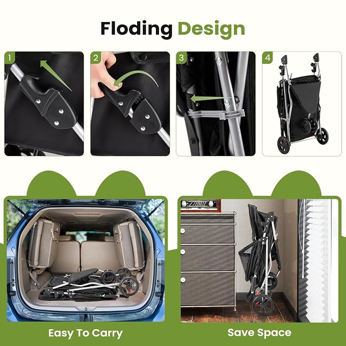 3 Wheel Pet Stroller for Dogs, Cats Stroller with Storage Basket and Cup Holders, Foldable, Lightweight and Durable, Ideal for Small to Medium Pets, Home Cleaning, Black