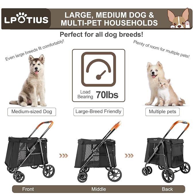 Pet Stroller for Large & Medium Dogs up to 70 lbs, 4-Wheel Extra Large Dog Stroller with 3-Way Entry & Sunshade, Heavy Duty Puppy Wagon with One-Click Folding, All-Terrain & Ventilated, Black