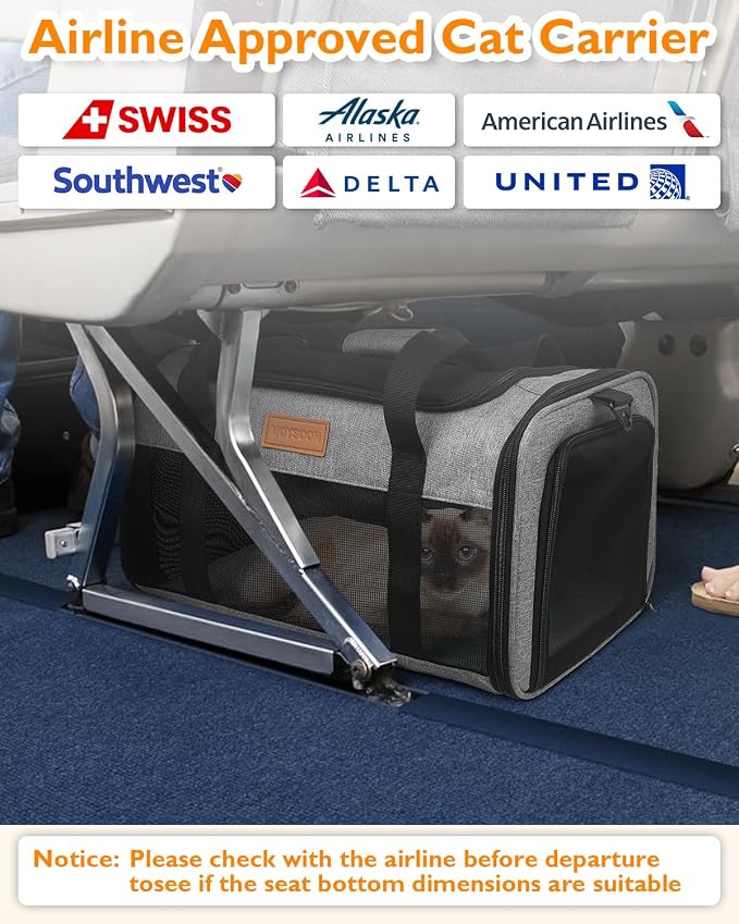 PETUX Airline Approved Pet Carrier for Small Cats up to 12 lb, 17x11x9.5 in | Underseat, Top & Side Entry, TSA‑Friendly, Soft Sided Cat Carrier with Breathable Anti-Scratch Mesh for Travel & Vet, Grey