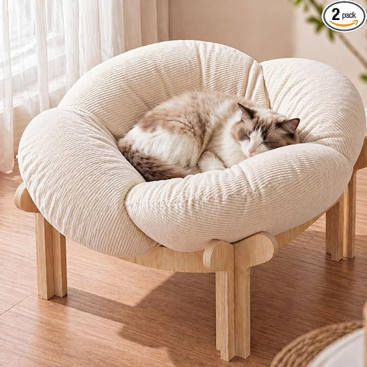 22x22x13 Inch Elevated Flower Cat Bed Wooden with Fluffy Cushion, Pet Couch Sofa for Indoor Cats, Raised Kitty Lounge Chair Suitable for Puppy, Cat Furniture Living Room Bedroom