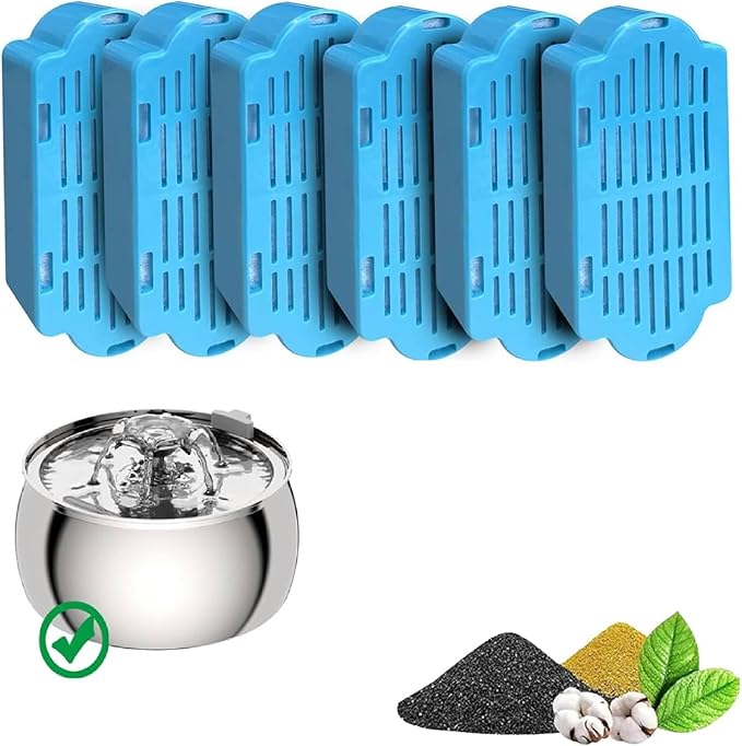Tomxcute Cat Water Fountain Filters - 6 Pack Replacement Filters and 2 Pack Sponges Set for Tomxcute 3.2L/108oz & 4L/135oz P Series Cat Fountain