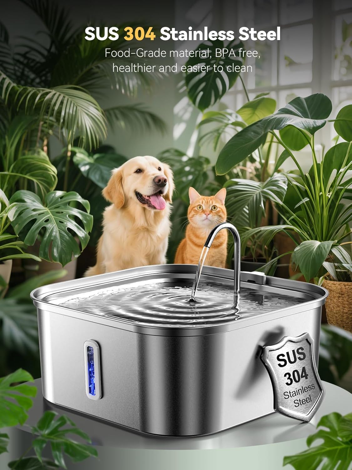 Large Dog Water Fountain 14L/3.7Gal, Stainless Steel Pet Fountain for Large Dogs and Multi-Pets Families, with Visible Window & Extra Wide Drinking Area, Square Design Enlarges Capacity & Saves Space
