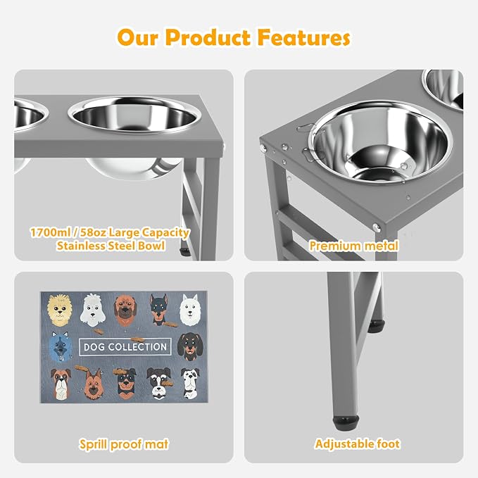 10'' Metal Raised Dog Bowl Stand, Elevated Dog Bowls with 2 Stainless Steel Bowls (1700ml/58oz) & Anti-Spill Mat for Medium/Large Breeds,Gray