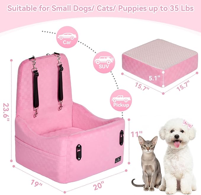 PETSFIT Cat Car Seat with Patented Safety System, 5" Elevated Pad, Pink | Fully Detachable Washable Cover, Memory Foam Dog Booster Seat for Small/Medium Dogs Up to 35 Lbs with 2 Storage Pockets