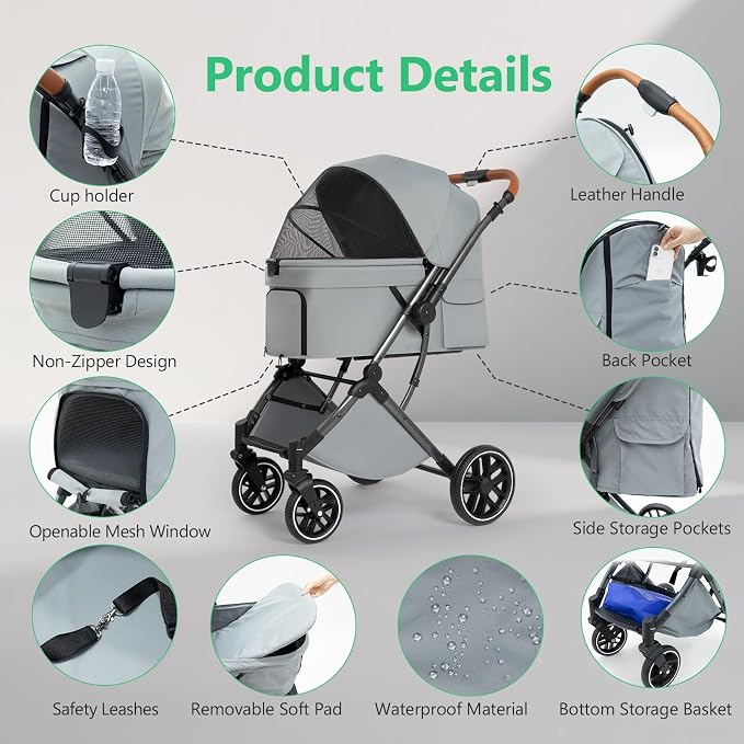 Pet Stroller for Small Medium Dogs Cats Up to 50 lbs,4 Wheels One-Click Folding Pet Stroller with Reversible Handle, All-Weather Convertible Canopy (Grey)