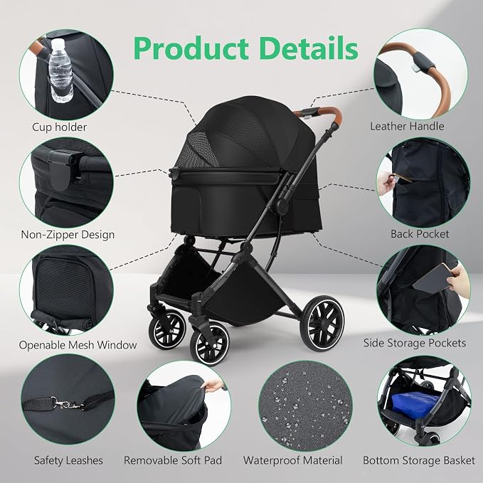 Pet Stroller for Small/Medium Dogs & Cats Up to 50 lbs, 4-Wheel One-Click Foldable Pet Stroller with Reversible Handle, Removable Pad, Cup Holder and Storage Basket (Black)