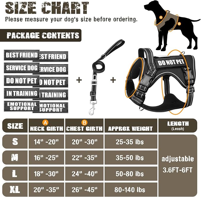 Tactical Dog Harness and Leash Set with 10 Patches for Large Dogs | Heavy Duty No Pull Service Dog Vest with Dog Seat Belt,Padded Handles,Adjustable Reflective for Training Hiking Black XL