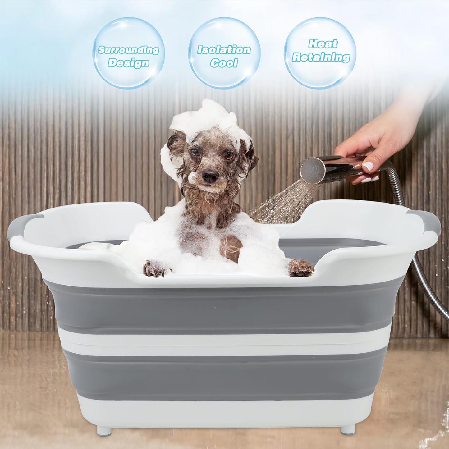 FHTONGE 7.13 Gal/27L Raised Collapsible Dog Bathtub with Drain Hair Catcher, Multifunctional Pet Washtub for Small to M Dog, Portable Puppy Tub Cat Shower Basin Laundry Basket Storage Organize Bucket
