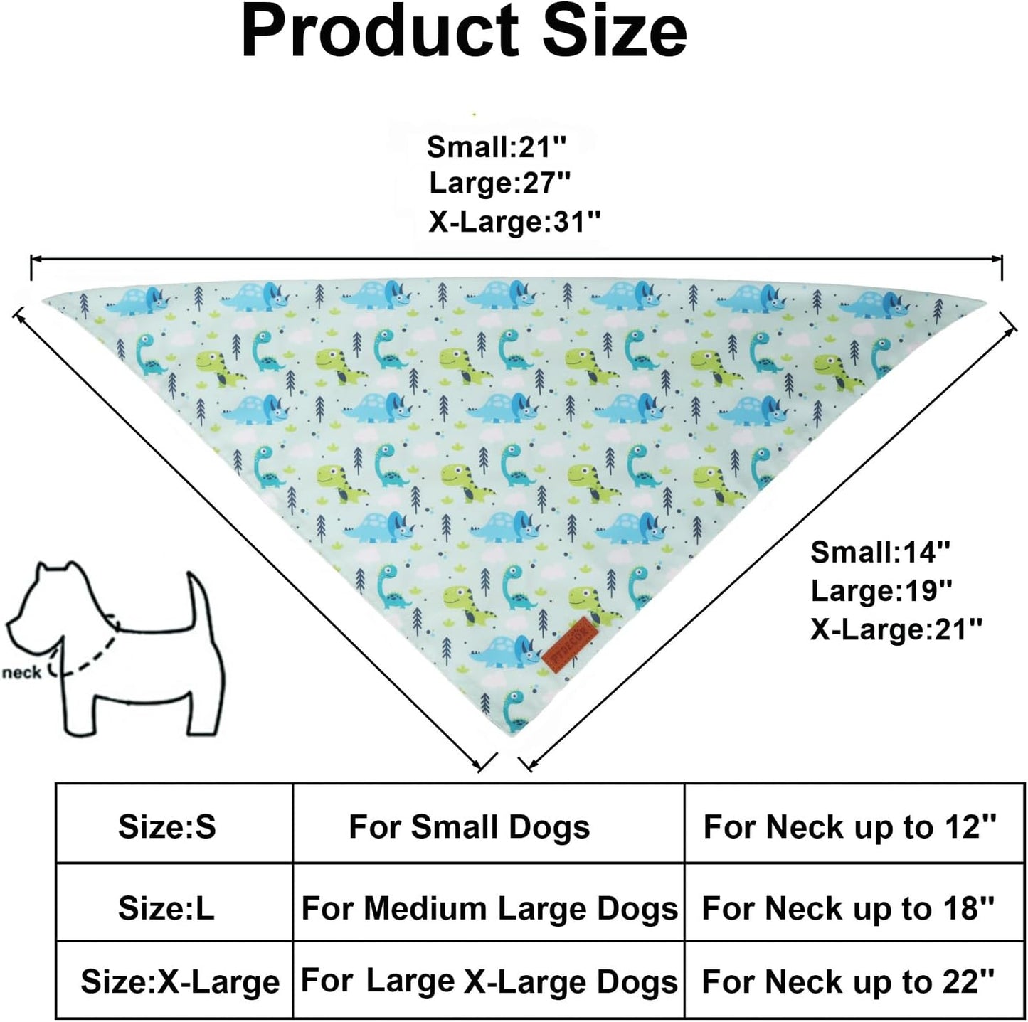PTDECOR Dinosaurs Dog Bandana, Dinosaurs Design Reversible Pet Scarf Bib, Premium Durable Fabric, Adjustable White Green Bandanas for X-Large Dogs Pets (X-Large)