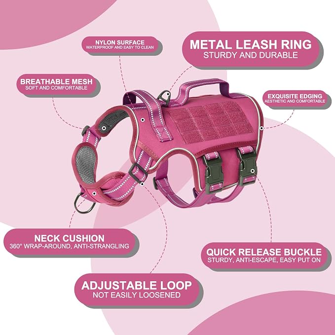 Dog Harness for Large Dogs, No Pull Tactical Vest with Front Clips | Easy Contrl Handle, Breathable Soft Padded, Adjustable, Reflective, Heavy Duty, Easy Take On & Off, Pink X-Large