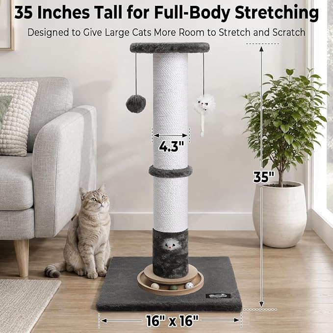 35-Inch Tall Cat Scratching Post, Stable Base for Large Cats, Gray | Heavy-duty, soft natural cotton rope cat scratcher, interactive cat toys, wooden ball track, for kittens and indoor cats
