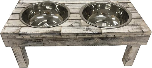 Pet Berjen Table Elevated Double Bowl Feeder, White Wash (Large)