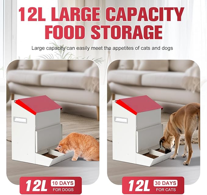 Automatic Cat Feeder 2 Cats,50cups/12L Pet Feeders Large Capacity Outdoor | Galvanized Steel Multiple Cats Feeder Gravity Dog Dry Food Dispenser with Lid