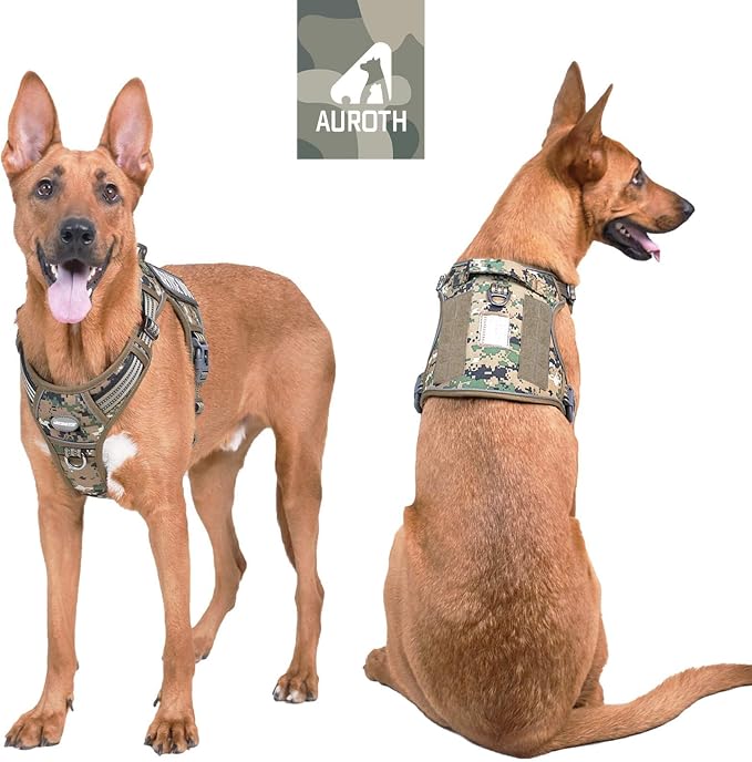 AUROTH Tactical Dog Harness for Large Dogs No Pull Adjustable Pet Harness Reflective Working Training Easy Control Pet Vest Military Service Dog Harnesses Woodland Camo XXL