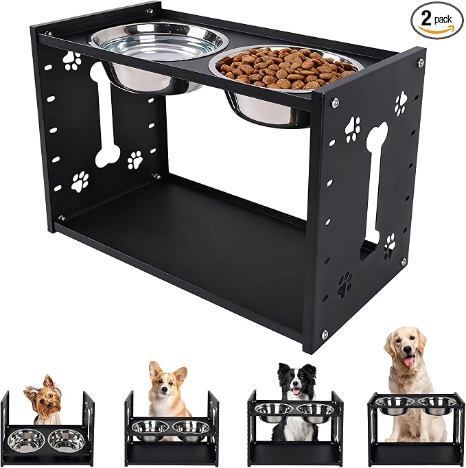 FORUP All-Metal Elevated Dog Bowls, Heavy Duty Cold-Rolled Steel Frame, 6-Height Adjustable Raised Feeder Stand with 2 Stainless Steel Bowls, Anti-Slip Rubber Feet for All Breeds (2.5"-12.2")