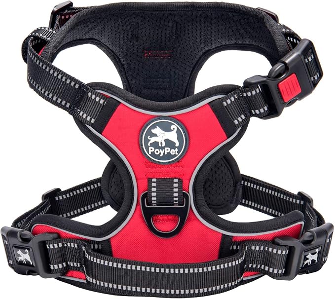 PoyPet No Pull Dog Harness Medium with Front Clip & Neck Release Buckle | No Choke, Adjustable Vest, Reflective, Back Clip, Lockable, Soft Padded, Easy Control Handle for Walking Training, M, Red