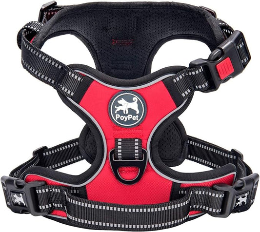 PoyPet No Pull Dog Harness Large with Front Clip & Neck Release Buckle | No Choke, Adjustable Vest, Reflective, Back Clip, Lockable, Soft Padded, Easy Control Handle for Walking Training, XL, Red