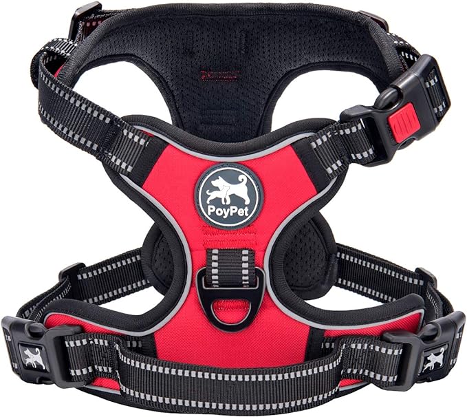 PoyPet No Pull Dog Harness Small with Front Clip & Neck Release Buckle | No Choke, Adjustable Vest, Reflective, Back Clip, Lockable, Soft Padded, Easy Control Handle for Walking Training, XS, Red