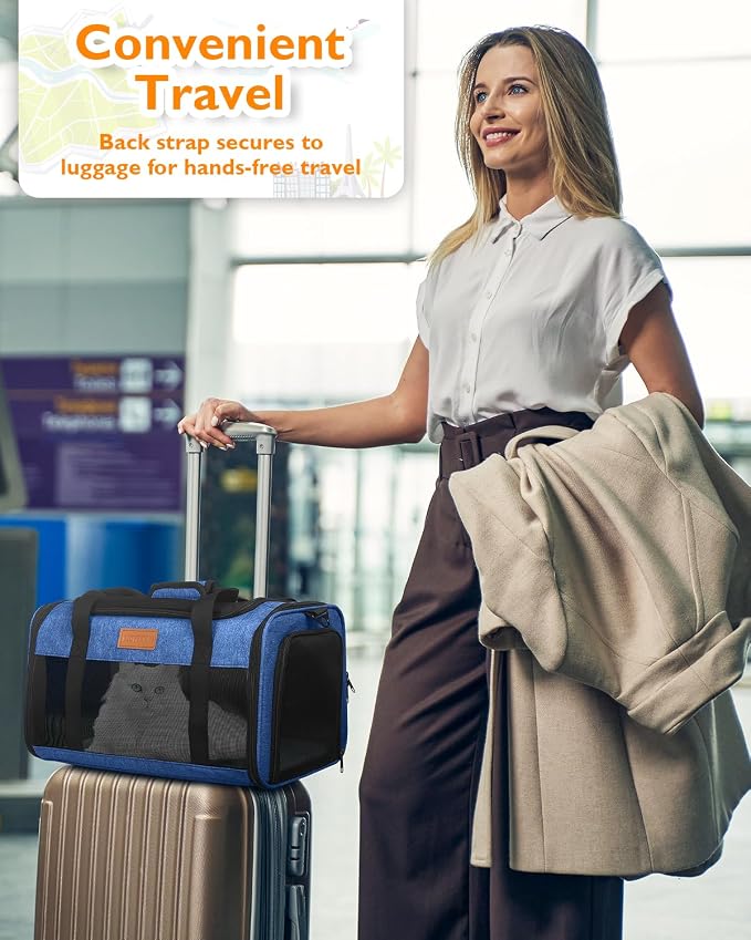 PETUX Airline Approved Pet Carrier for Small Cats up to 12 lb, Blue | 17x11x9.5 in, Underseat, Top & Side Entry, Soft Sided Cat Carrier with Breathable Anti-Scratch Mesh for Travel & Vet