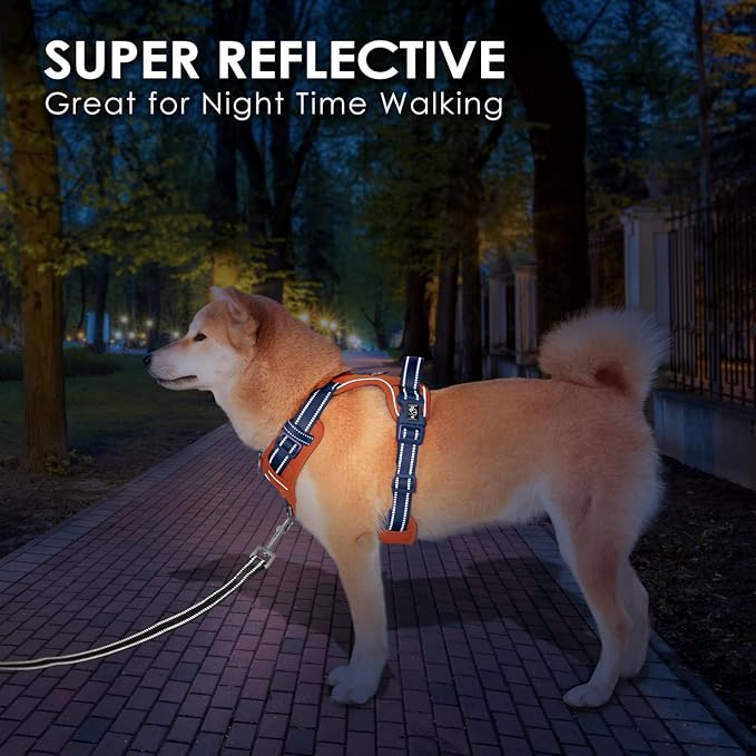 No Pull Dog Harness, Unique Colors Reflective Adjustable Dog Vest | with Soft Training Handle Metal Clips for Small Medium Large Dogs (Orange Base & Blue Straps,L)