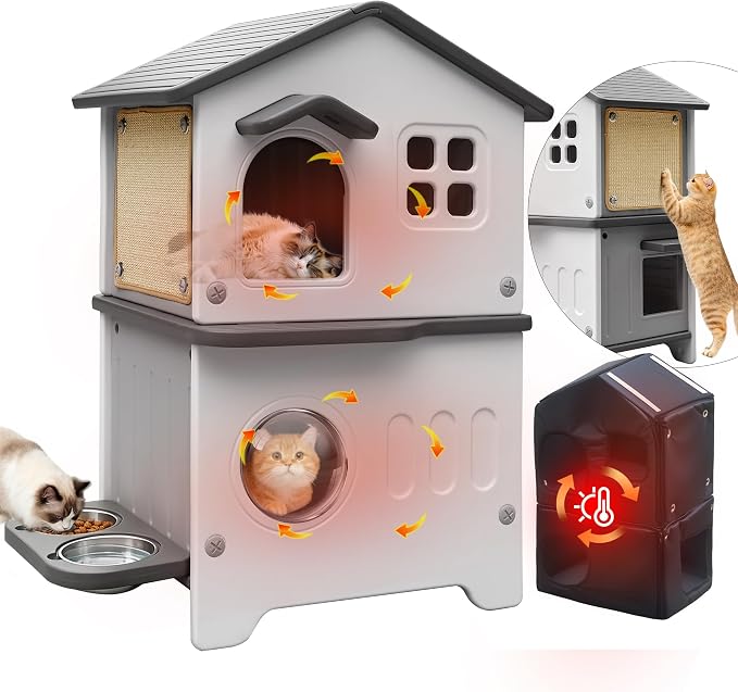 Insulated Cat House Outdoor Plastic Cats Shelter Outside with Cat Bowls | Weatherproof, Durable Plastic, with Elevated Cat Bowls, Cat Scratch Pad , Escape Door, 2-Story, Waterproof ,for Multiple Cats