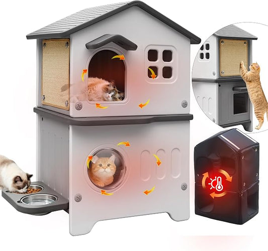 Insulated Cat House Outdoor Plastic Cats Shelter Outside with Cat Bowls | Weatherproof, Durable Plastic, with Elevated Cat Bowls, Cat Scratch Pad , Escape Door, 2-Story, Waterproof ,for Multiple Cats