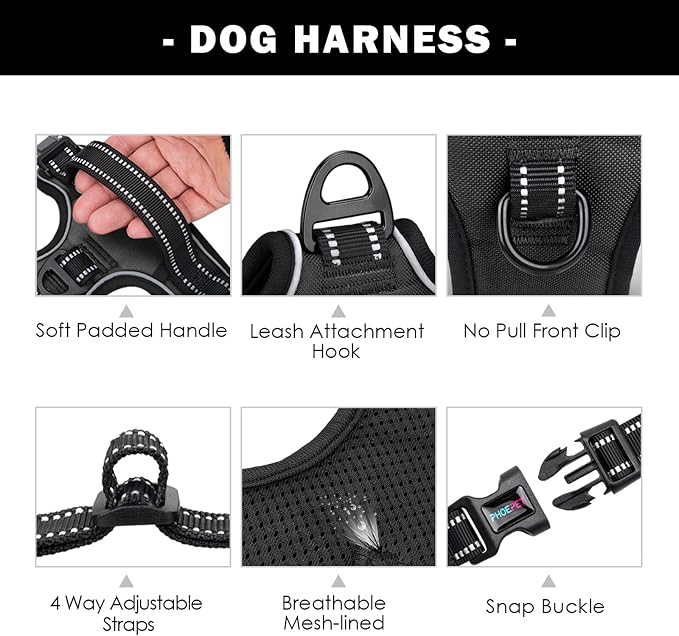 No Pull Dog Harness Medium Reflective Front Clip Vest with Handle | Adjustable 2 Metal Rings 3 Buckles ,[Easy to Put on & Take off](M, Black)