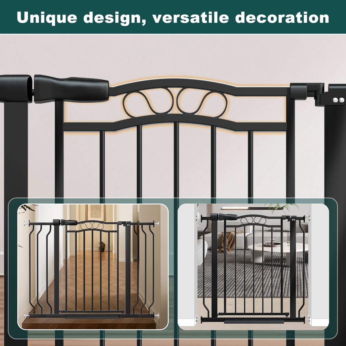 29.53"-33.85" Mornyray Auto-Close Baby Gate Extra Wide, Pressure Mounted Dog & Pet Gate for Stairs Doorways, No Drill Safety Barrier with Lace Design, Metal Child Proof Gate Indoor Outdoor, Black