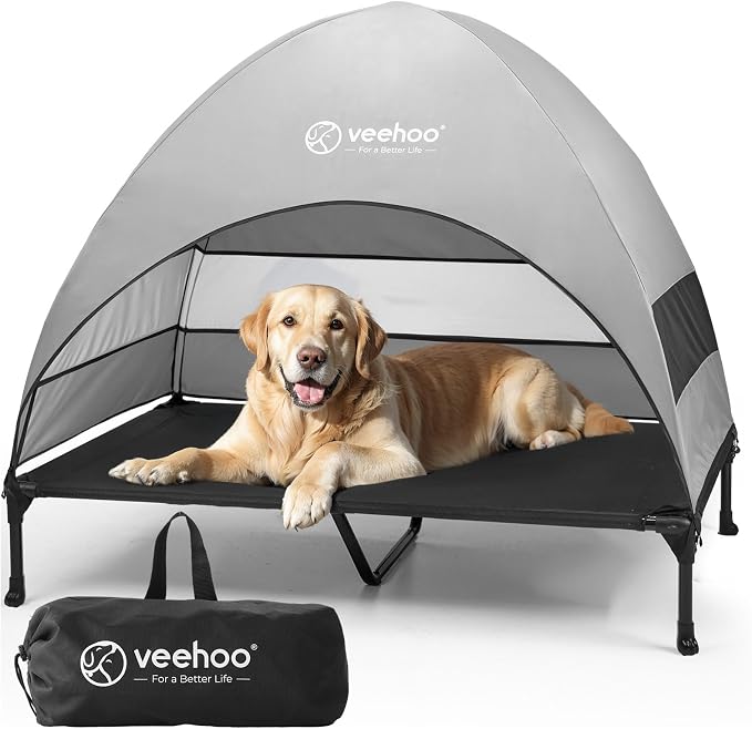 Veehoo Outdoor Dog Bed with Canopy, Cooling Elevated Dog Shade for Outside | Portable Raised Dog Cot with Removable Shade, Sun Protection Dog Tent Outdoor for Camping, Beach, 49" x 42.5", Black