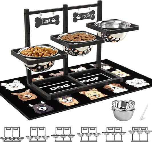 SHAINFUN Elevated Dog Bowls for Medium/Large Dogs with Mat, 6 Height Adjustable Raised Dog Bowls, Three Large 58oz Food Water Stainless Steel Bowls