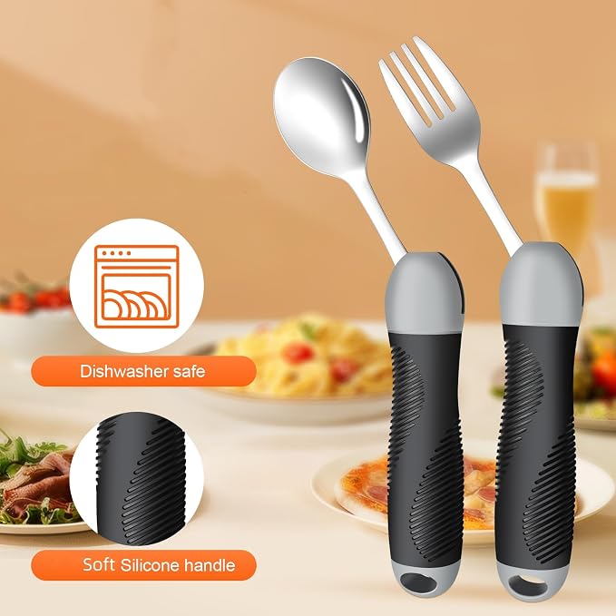 Weighted Utensils for Tremors & Parkinson's, Adaptive Eating Aids (Black) | Adaptive silverware for shaky hands. Weighted grip design reduces tremors. Bendable neck for custom angle. Dishwasher safe