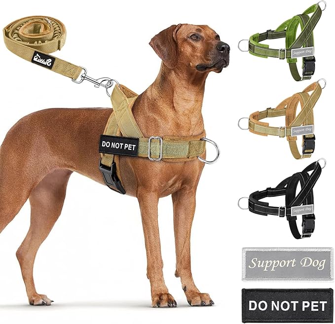 SlowTon No Pull Dog Harness with Front Clip - Heavy Duty, Soft Padded | Neck & Chest Adjustable, Tactical Pet Vest and Leash Set for Large Medium Sized Dogs, for Easy Walk & Training, Tan S