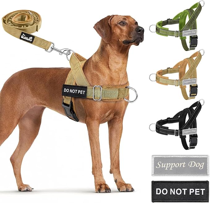 SlowTon No Pull Dog Harness with Front Clip - Heavy Duty, Soft Padded | Neck & Chest Adjustable, Tactical Pet Vest and Leash Set for Large Medium Sized Dogs, for Easy Walk & Training, Tan L